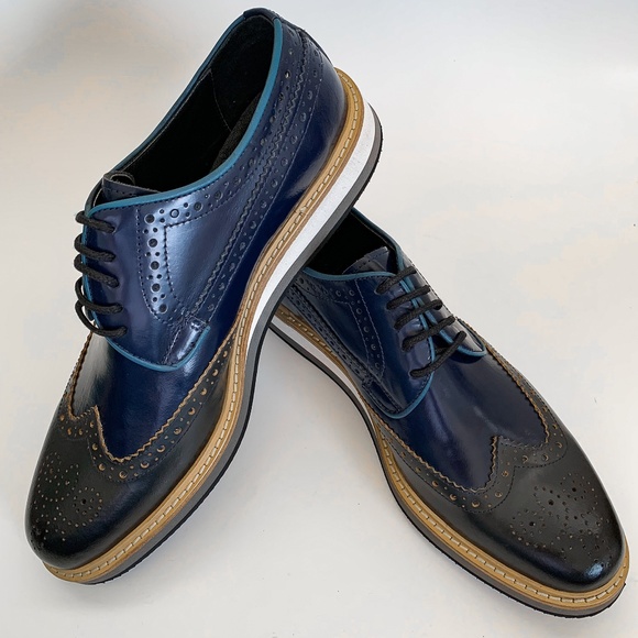 Navy Blue Wingtip Derby Leather Dress Shoe - Picture 1 of 7